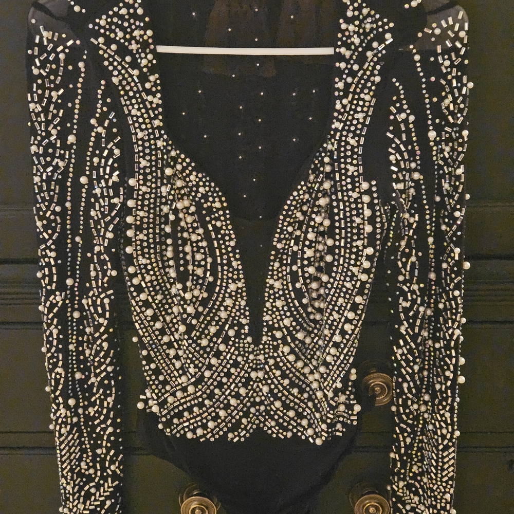 Chic Black and White Embellished Bodysuit